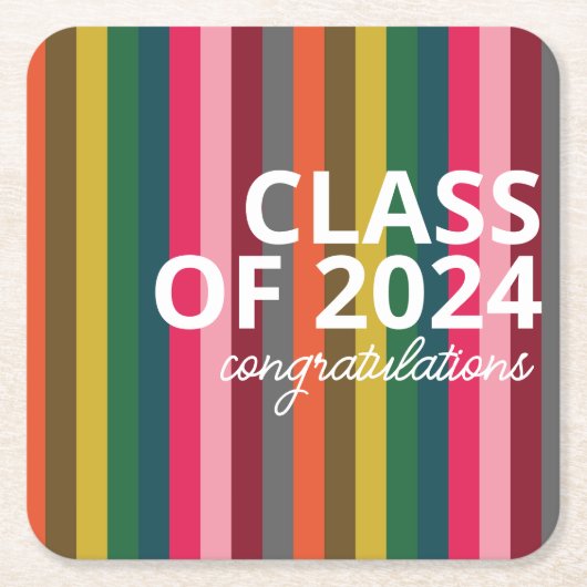 ピンクモダンとグリーンのストライプパターン スクエアペーパーコースター (正面)