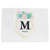 ピンクモダンとグリーンの多汁水彩モノグラム ラージペーパーバッグ (正面)