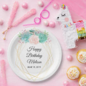 ピンクモダンとグリーンの多汁水彩誕生日 ペーパープレート (パーティー)