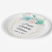 ピンクモダンとグリーンの多汁水彩誕生日 ペーパープレート (アングル)