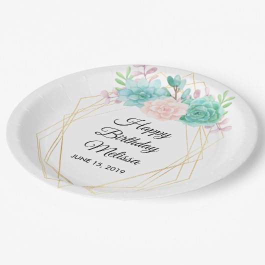 ピンクモダンとグリーンの多汁水彩誕生日 ペーパープレート (アングル)