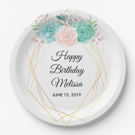 ピンクモダンとグリーンの多汁水彩誕生日 ペーパープレート (正面)