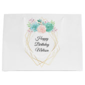 ピンクモダンとグリーンの多汁水彩誕生日 ラージペーパーバッグ (正面)