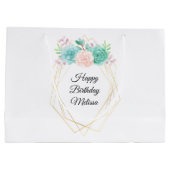 ピンクモダンとグリーンの多汁水彩誕生日 ラージペーパーバッグ (裏面)