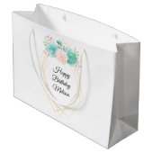 ピンクモダンとグリーンの多汁水彩誕生日 ラージペーパーバッグ (裏面アングル)