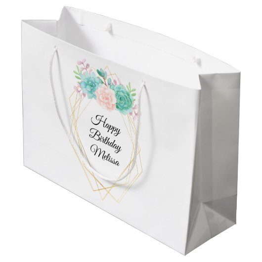 ピンクモダンとグリーンの多汁水彩誕生日 ラージペーパーバッグ (裏面アングル)