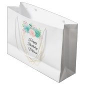 ピンクモダンとグリーンの多汁水彩誕生日 ラージペーパーバッグ (正面アングル)