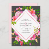 ピンクモダンとグレーのフローラ結婚式の日付を保存 招待状 (正面/裏面)
