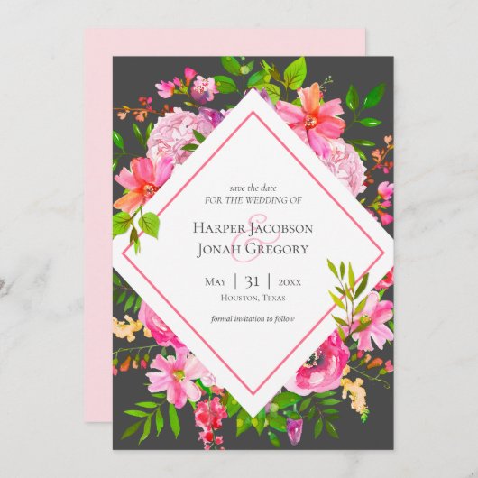 ピンクモダンとグレーのフローラ結婚式の日付を保存 招待状 (正面/裏面)