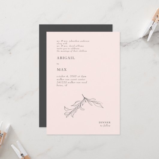 ピンクモダンとグレーのペンシルベ結婚ース 招待状 (正面/裏面インサイチュ)