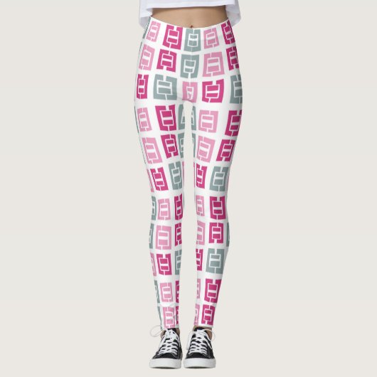ピンクモダンとグレーのボックスパターン レギンス (正面)