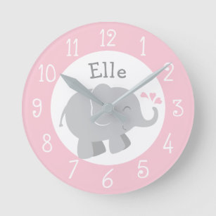 ピンクモダンとグレーの象のモノグラカスタムム ラウンド壁時計