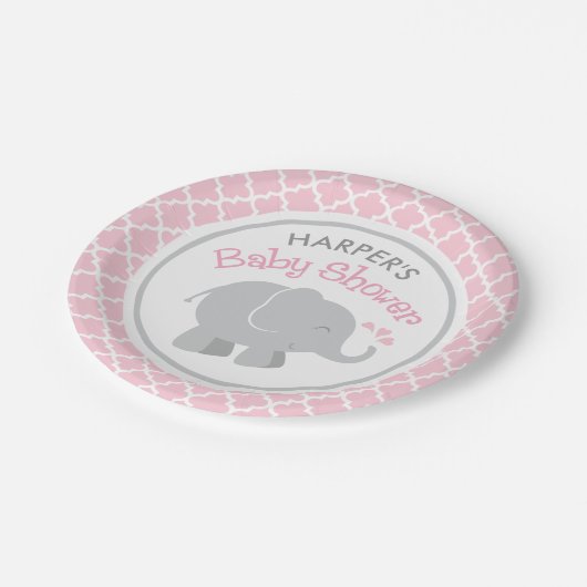 ピンクモダンとグレーの象の女の子の赤ちゃんシャワー ペーパープレート (アングル)