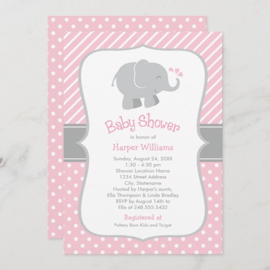 ピンクモダンとグレーの象の女の子の赤ちゃんシャワー 招待状 (正面/裏面)