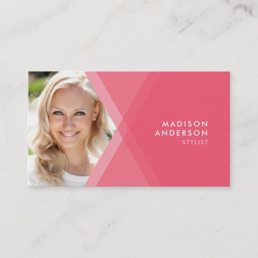 ピンクモダンとティール(緑がかった色)の層状の幾何学的な写真 名刺 (正面)