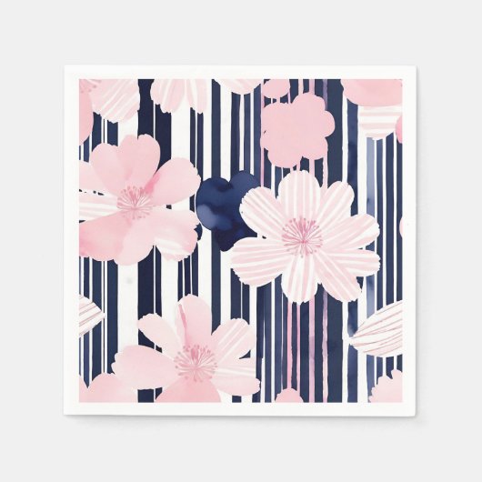 ピンクモダンとネイビーのフローラストライプ スタンダードカクテルナプキン (正面)