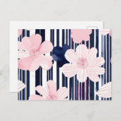 ピンクモダンとネイビーのフローラストライプ ポストカード (正面/裏面)