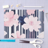 ピンクモダンとネイビーのフローラストライプ 薄葉紙 (クラフト)