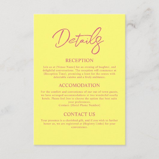ピンクモダンとバターイエロー結婚の詳細 エンクロージャーカード (正面)