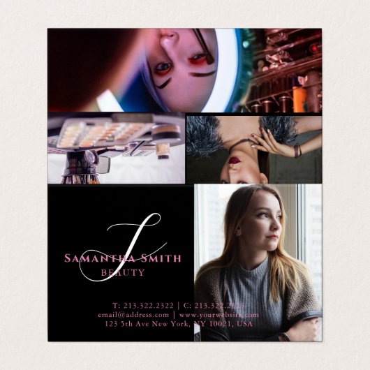 ピンクモダンとバック4枚の写真スクリプトモノグラム 名刺 (外部フラット)