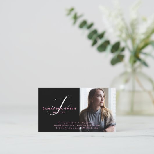 ピンクモダンとバック4枚の写真スクリプトモノグラム 名刺 (スタンド正面)