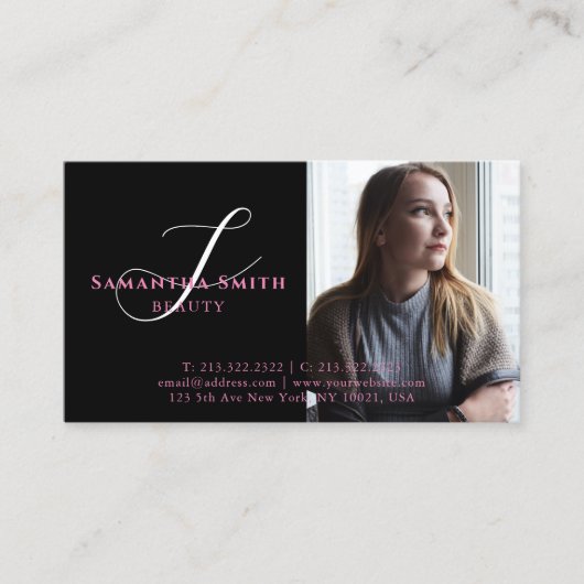 ピンクモダンとバック4枚の写真スクリプトモノグラム 名刺 (正面)