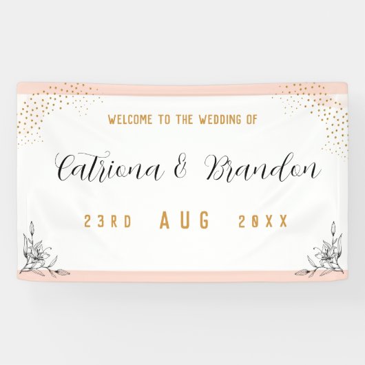 ピンクモダンとブラックの金ゴールドドット結婚のバナー 横断幕 (横)