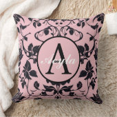 ピンクモダンとブラックバラダマスクモノグラム クッション (ブランケット)