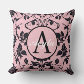 ピンクモダンとブラックバラダマスクモノグラム クッション (正面)