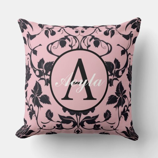 ピンクモダンとブラックバラダマスクモノグラム クッション (正面)