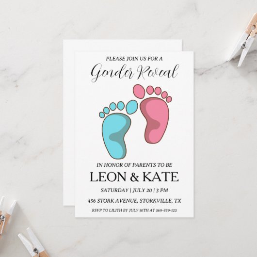 ピンクモダンとブルーの性別が招待状を明かす 招待状 (正面/裏面インサイチュ)