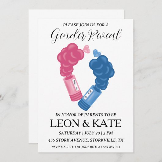 ピンクモダンとブルーの性別が招待状を明かす 招待状 (正面/裏面)