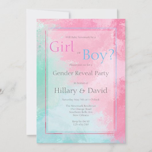 ピンクモダンとブルーの性別の表示招待状 招待状 (正面)