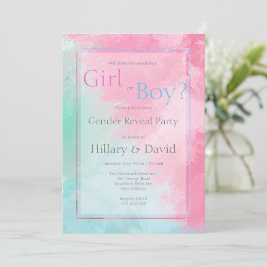 ピンクモダンとブルーの性別の表示招待状 招待状 (スタンド正面)