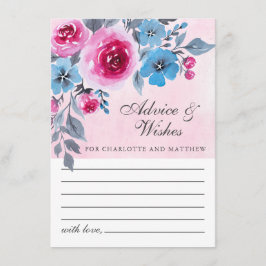 ピンクモダンとブルーの水色のフローラ結婚 アドバイスカード