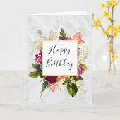 ピンクモダンとホワイトウォーターのカラーフローラ誕生日 カード (黄色い花)