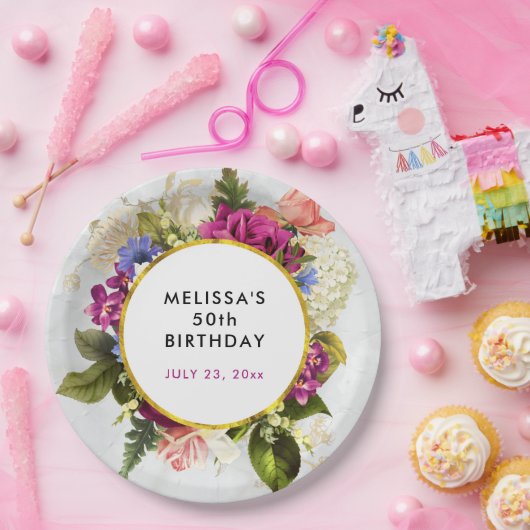 ピンクモダンとホワイトウォーターのカラーフローラ誕生日 ペーパープレート (パーティー)