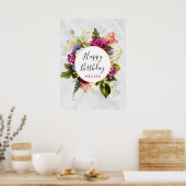 ピンクモダンとホワイトウォーターのカラーフローラ誕生日 ポスター (キッチン)