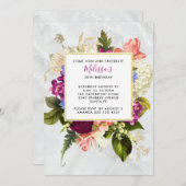 ピンクモダンとホワイトウォーターのカラーフローラ誕生日 招待状 (正面/裏面)