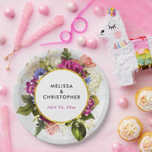 ピンクモダンとホワイトウォーターの色のフローラ結婚の ペーパープレート (パーティー)