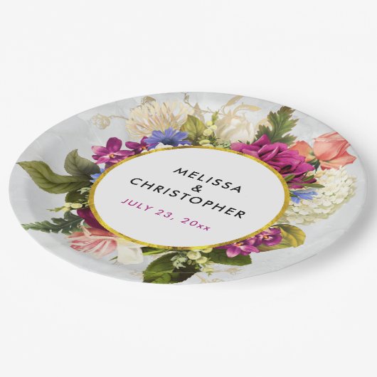 ピンクモダンとホワイトウォーターの色のフローラ結婚の ペーパープレート (アングル)