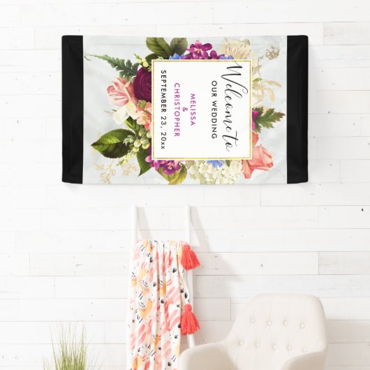 ピンクモダンとホワイトウォーターの花模様結婚 横断幕 (インサイチュ)