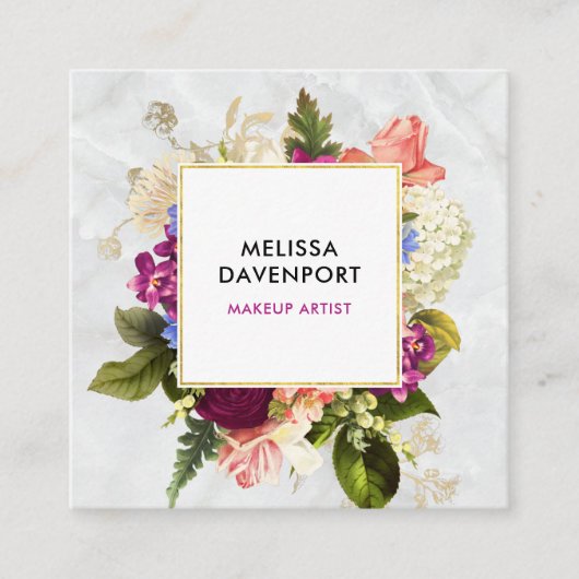 ピンクモダンとホワイトウォーター色のフローラブーケ スクエア名刺 (正面)