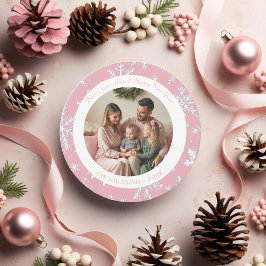 ピンクモダンとホワイトスノーフレークスホリデーカード シーズンカード