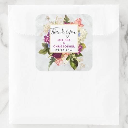 ピンクモダンとホワイト花模様結婚ズ・サンキュー スクエアシール (バッグ)