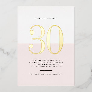 ピンクモダンとホワイト30th誕生日ゴールドフォイル 箔招待状