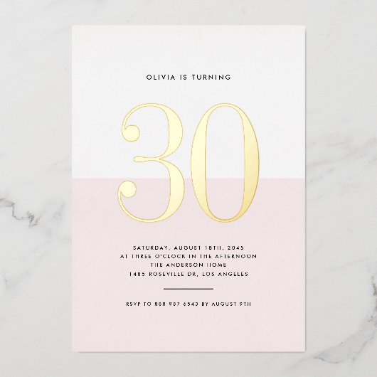 ピンクモダンとホワイト30th誕生日ゴールドフォイル 箔招待状 (正面)