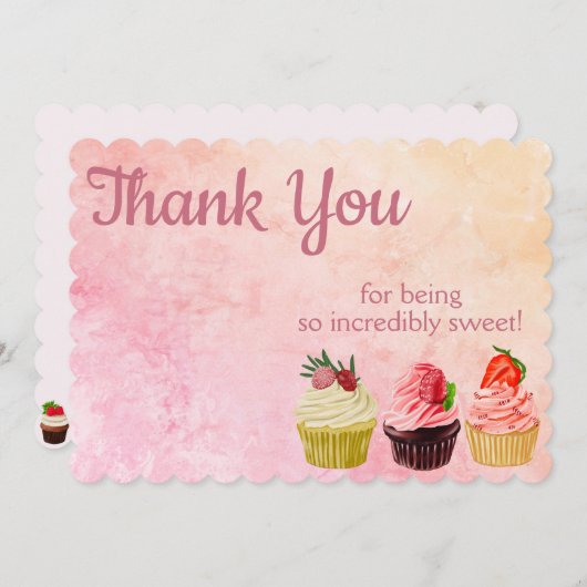 ピンクモダンと桃のろうけつ染め-グルメカップケーキ サンキューカード (正面/裏面)