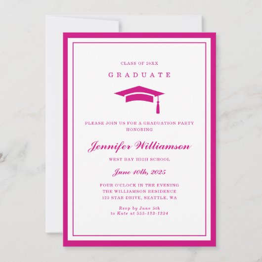 ピンクモダンと白のスクリプトの卒業写真 招待状 (正面)