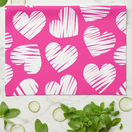 ピンクモダンと白のドードルハートバレンタインデー キッチンタオル (折り畳み)